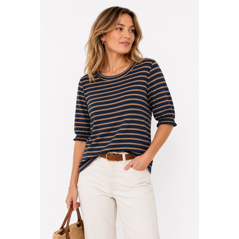 Lucky‎ Brand Striped Knit Top Womens L Navy Camel 3/4 Sleeve Preppy Parisian